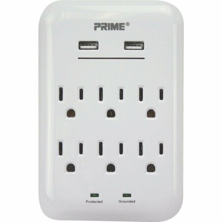 PRIME WIRE & CABLE & Cable 6 Power & 2 USB White Wall Charger PBUSB346S